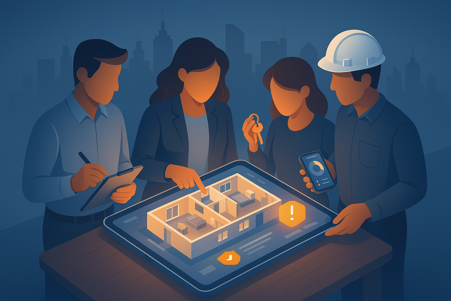 Team of real estate experts at Rentiers reviewing property plans